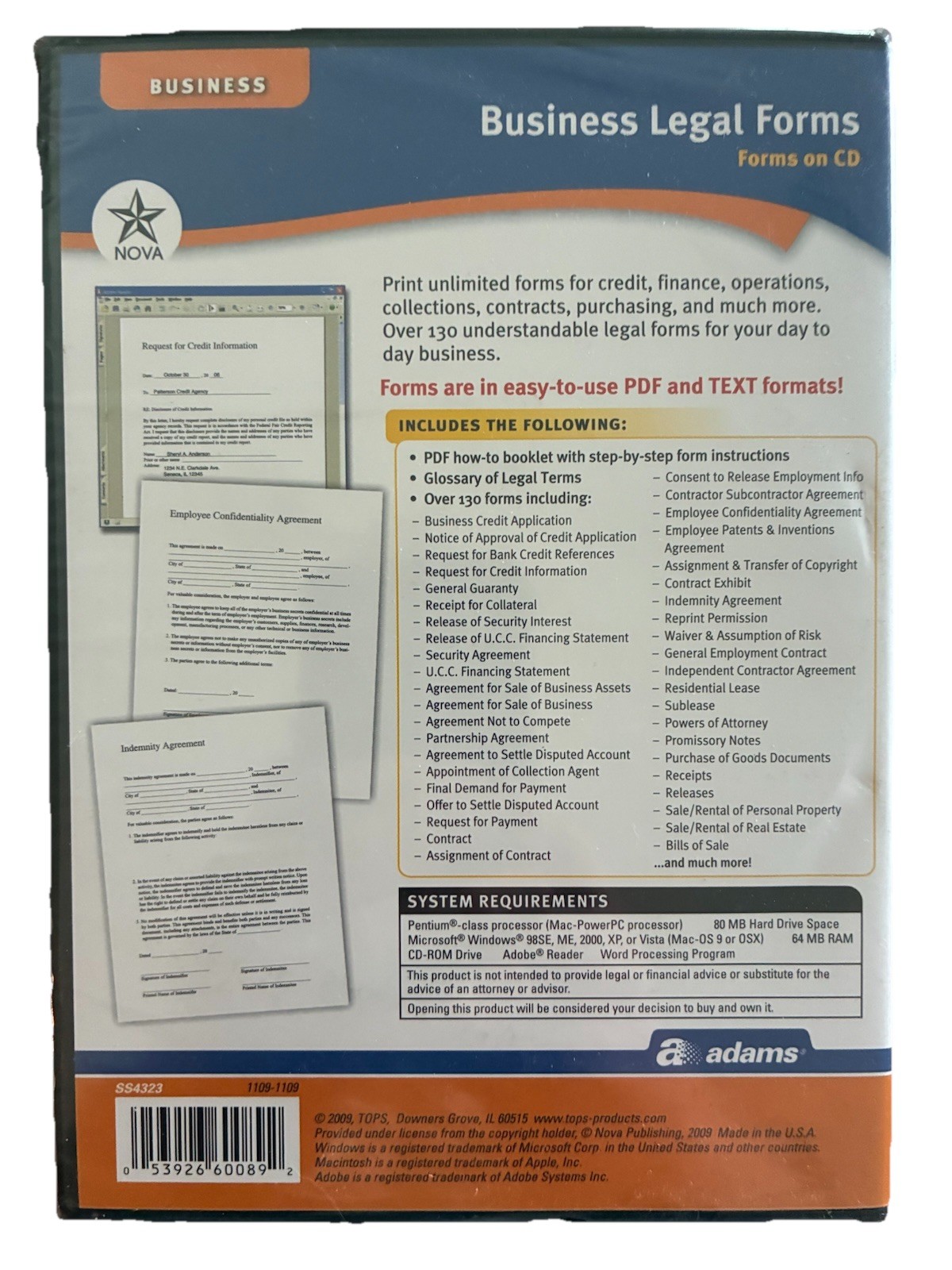 Business Legal Forms CD Adams Contracts Agreements Templates Software NEW Sealed