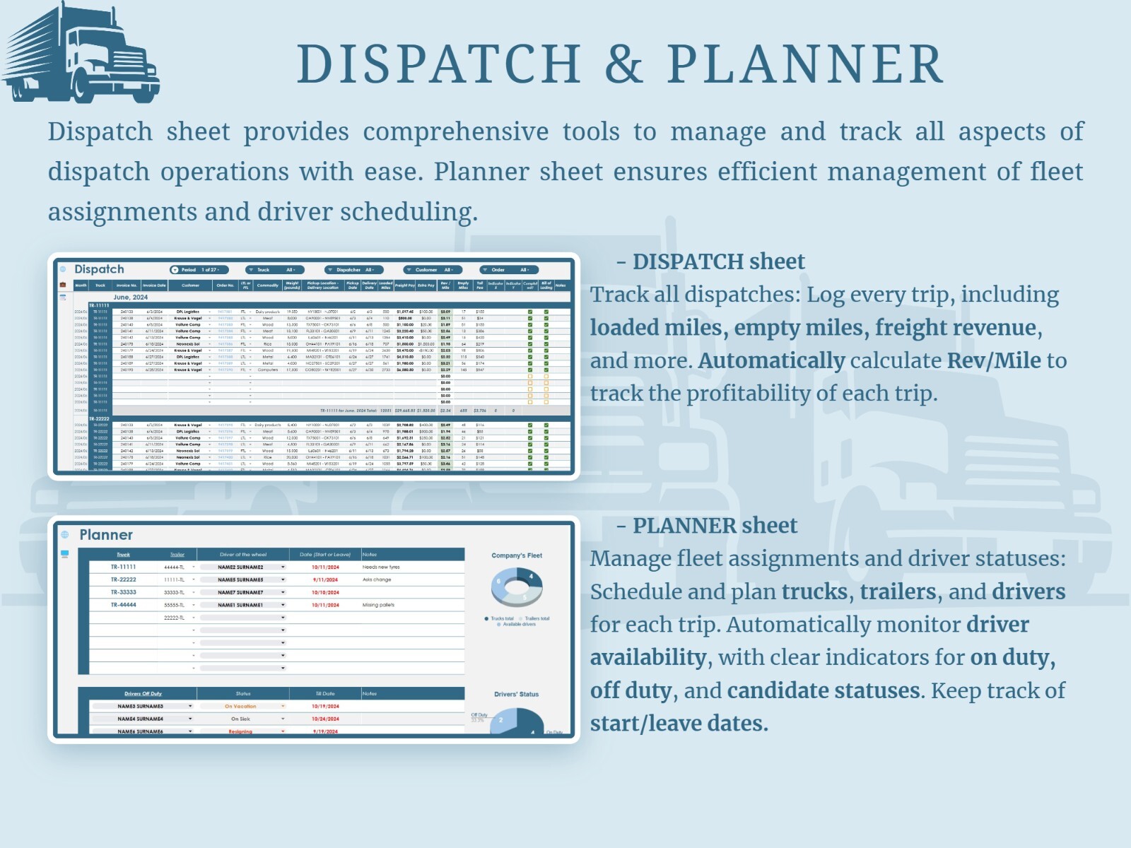 All-in-One Trucking Management Google Spreadsheet for Trucking B/In, Dispatchers