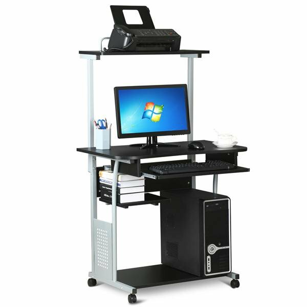 2 Tier Rolling Computer Desk w/Printer Shelf Keyboard Tray Black Home Office
