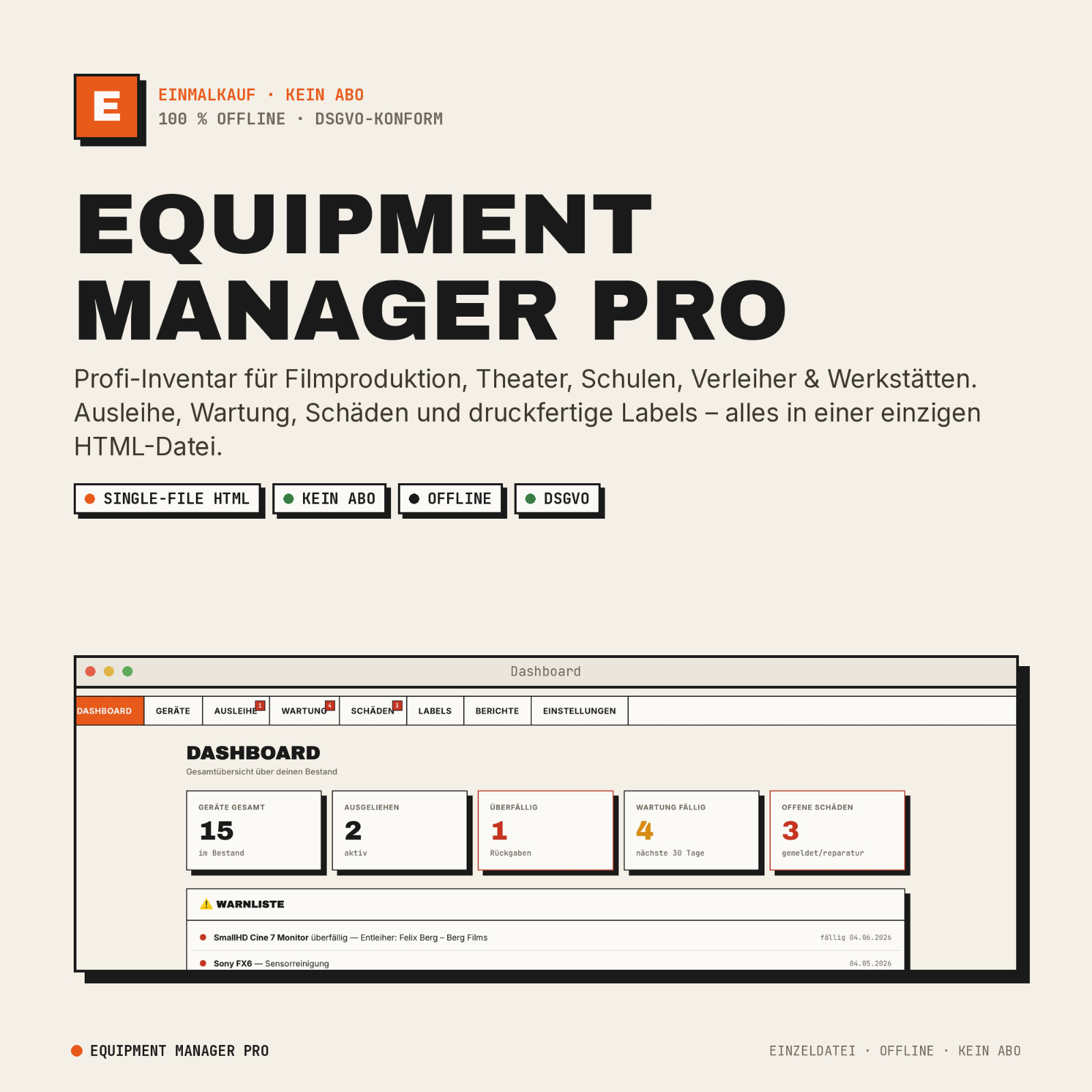 Equipment Manager Pro (English) | Inventory, Rental, Labels, Maintenance & Repair