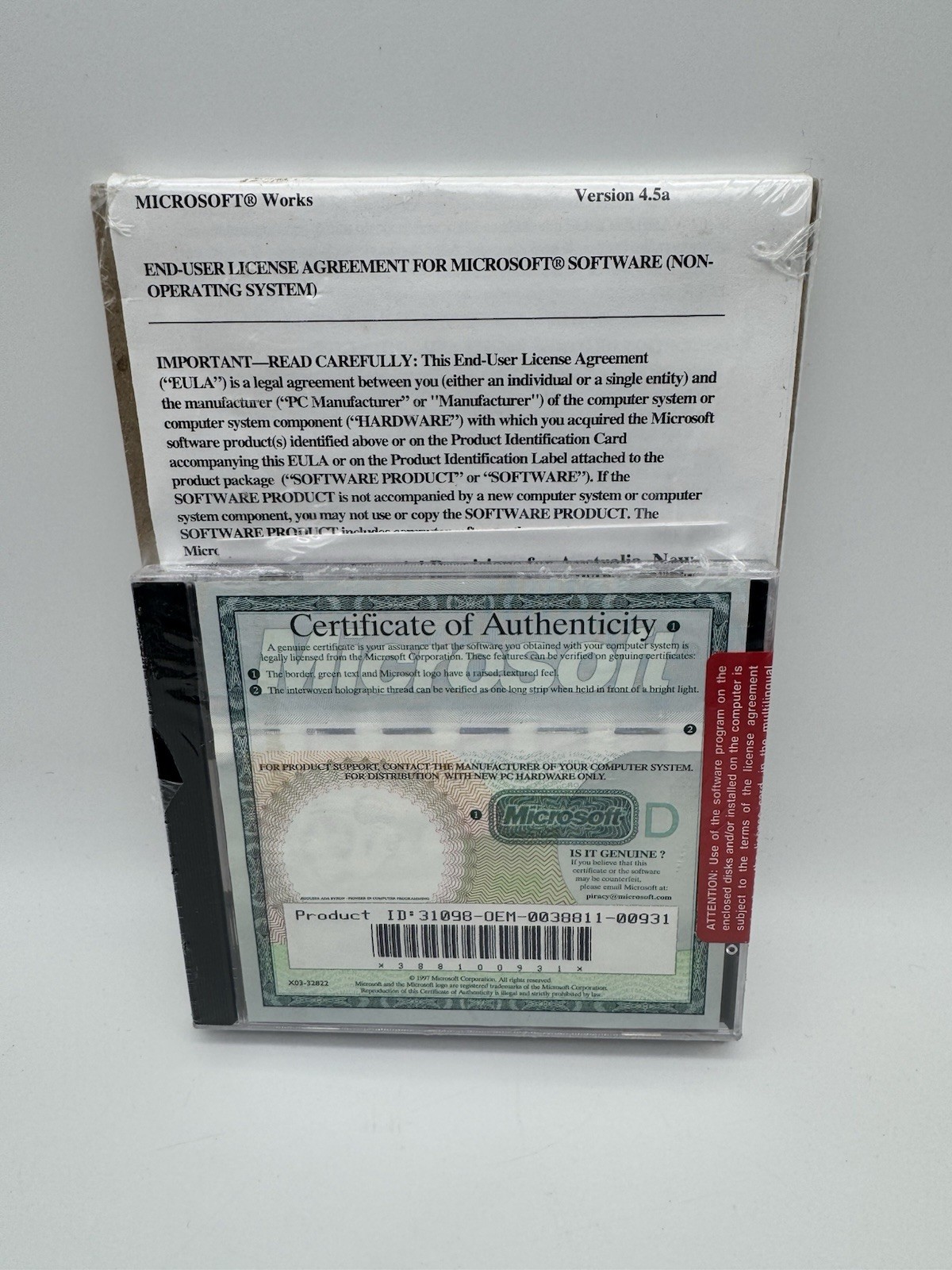 SEALED NOS Microsoft Works 4.5a OEM Windows 95 Certificate