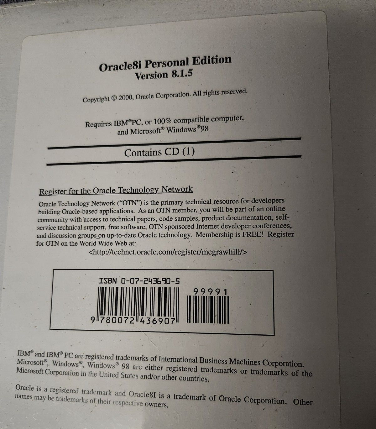 ORACLE8i PERSONAL EDITION VERSION 8.1.5 NEW SEALED ISBN 0072436905 WINDOWS 98