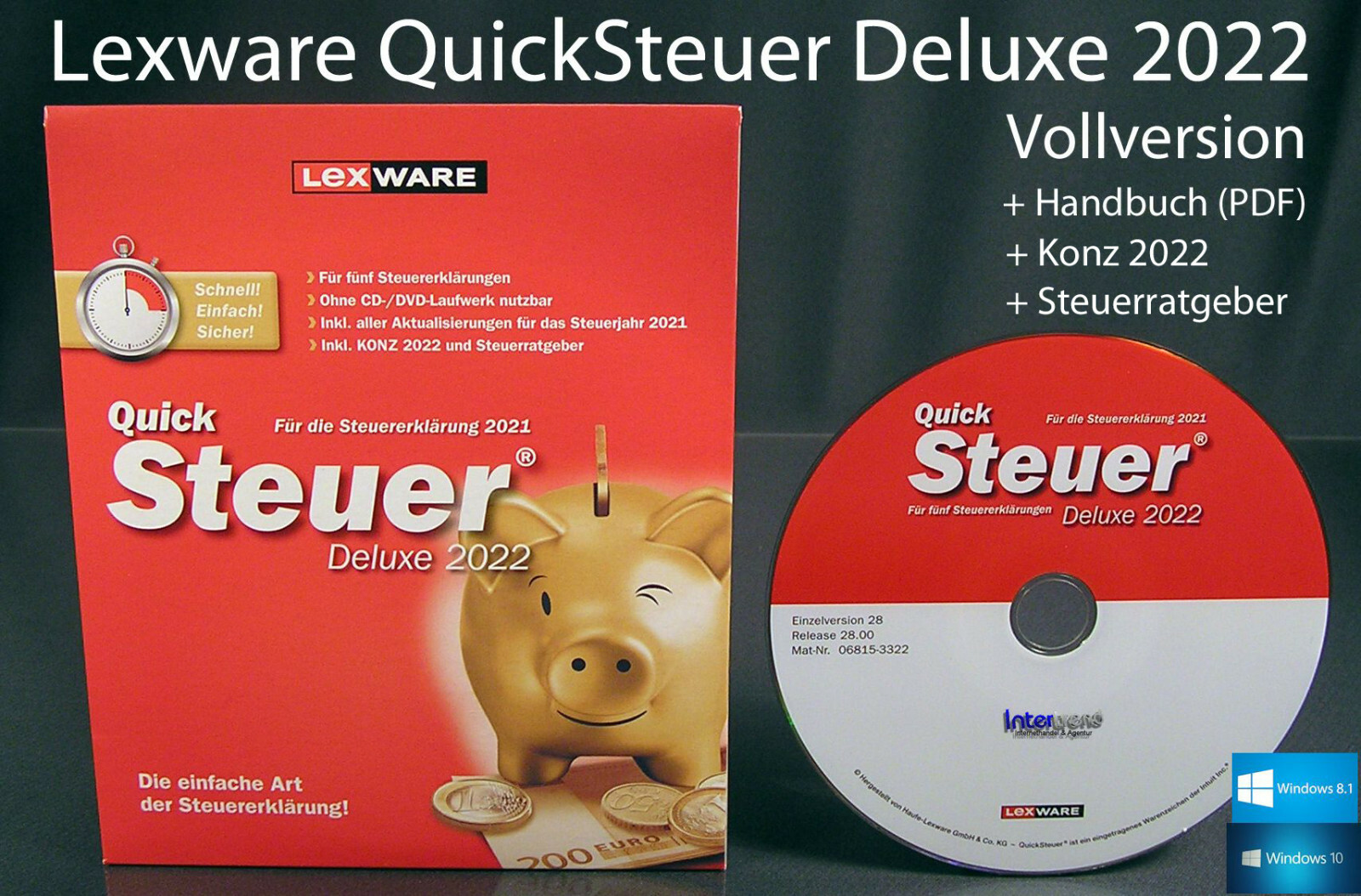 Lexware QuickTax Deluxe 2022 Full Version Box, CD Manual Tax Year 2021 NEW