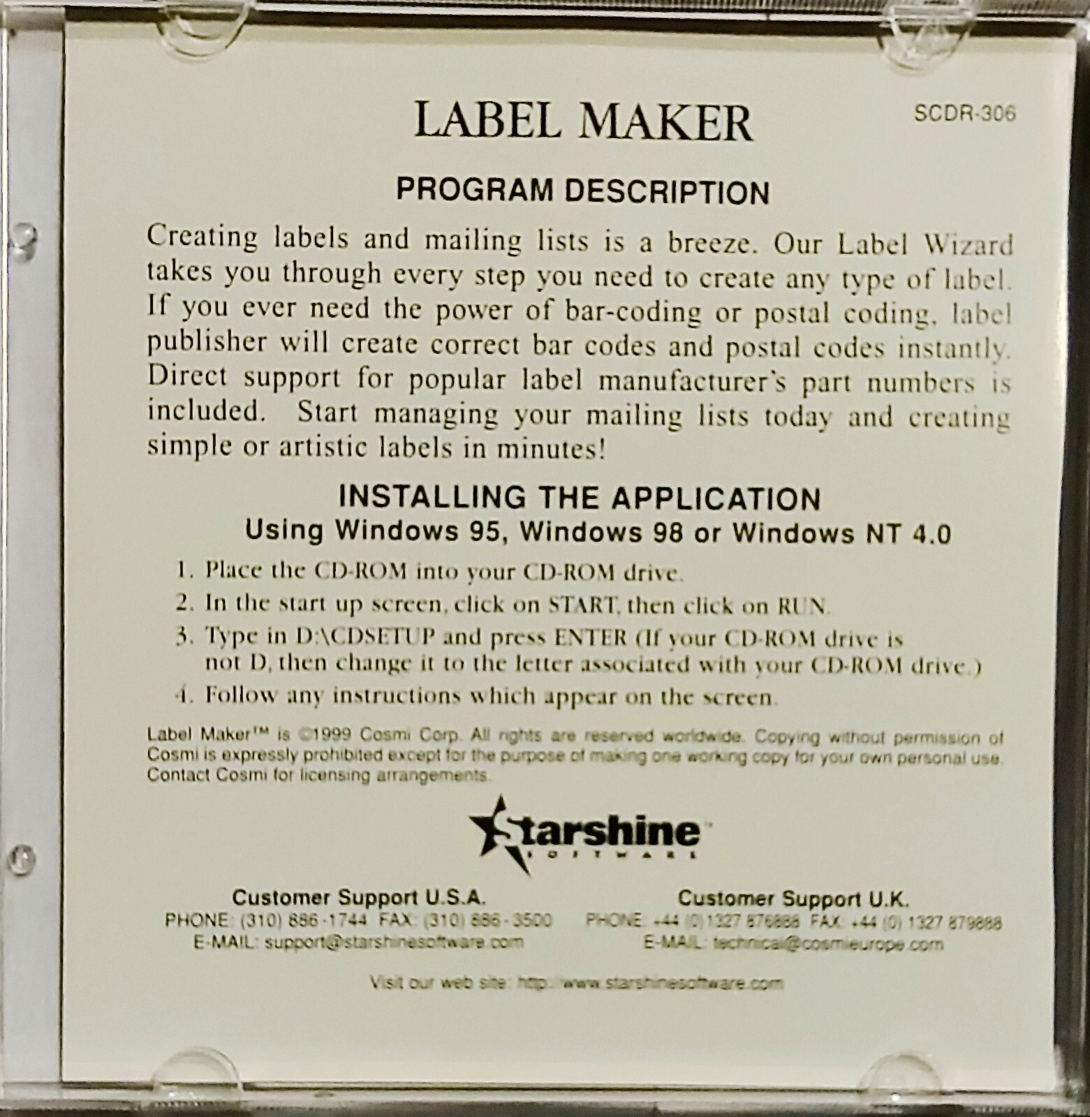 Starshine Software Label Maker & Brochure Magic CD-ROM LikeNew