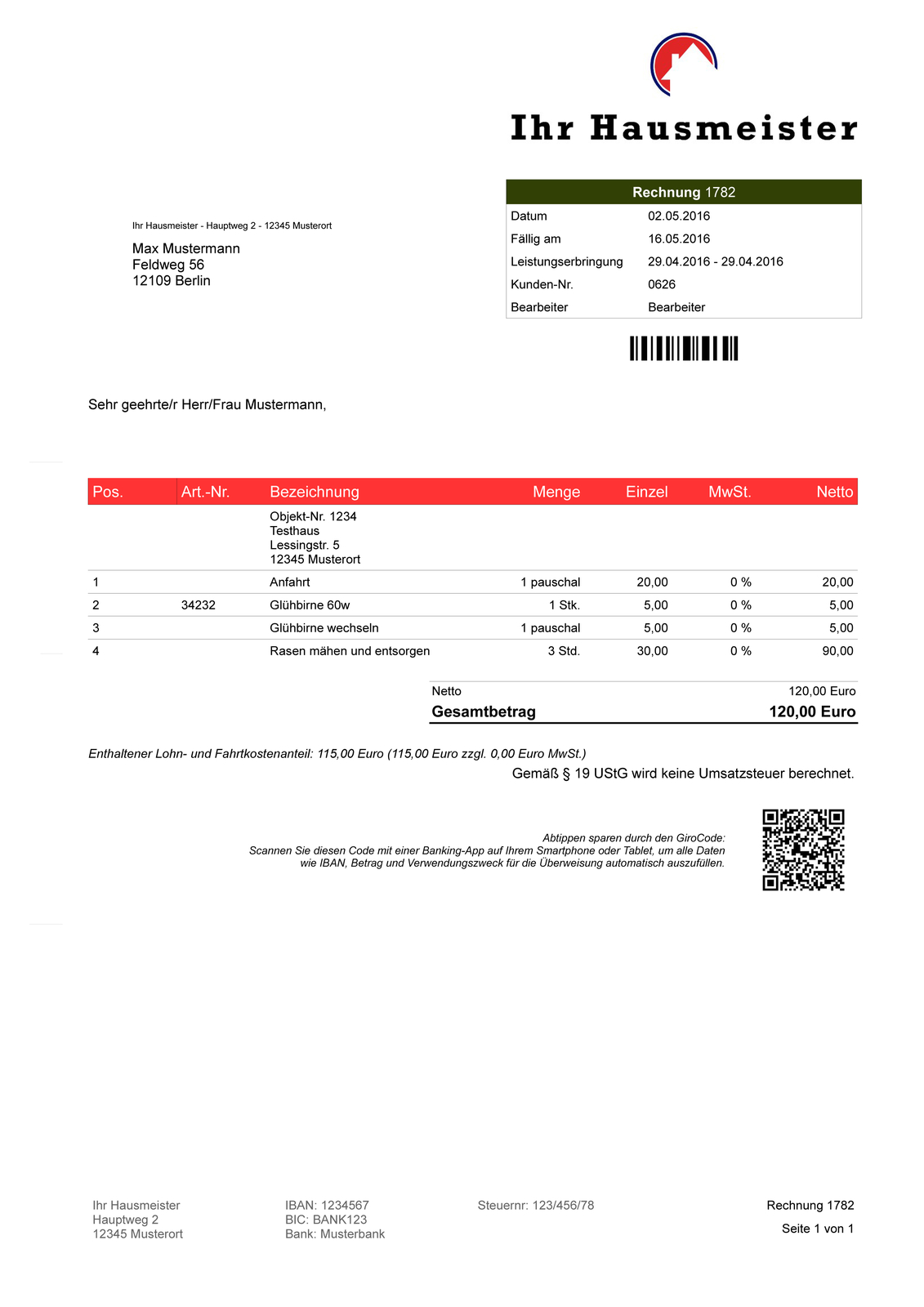 Invoice program for caretakers, caretaker service software solution, IT program