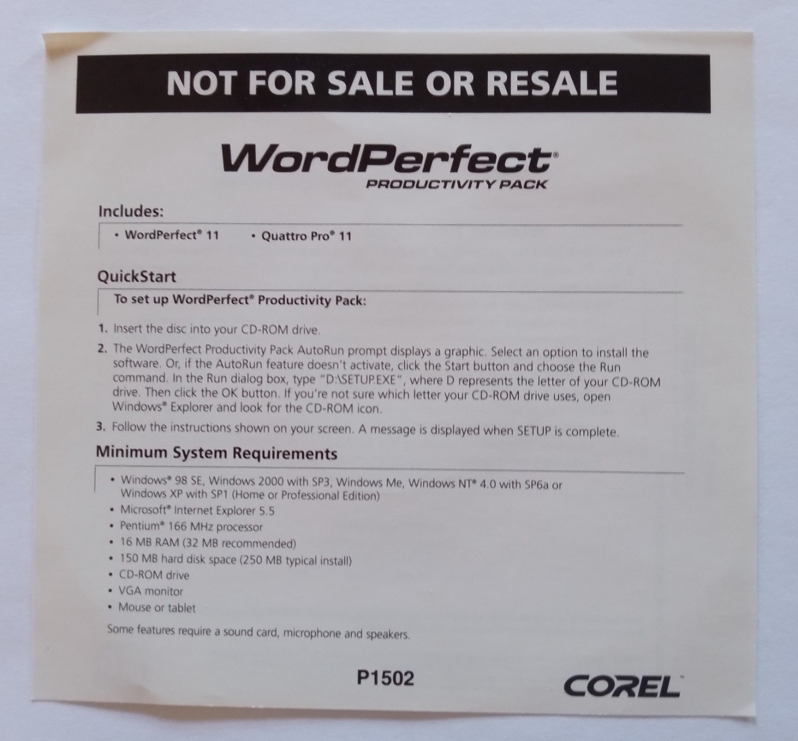 Corel OEM WordPerfect Productivity Pack for Windows CD-ROM (2003) w/Install Key.