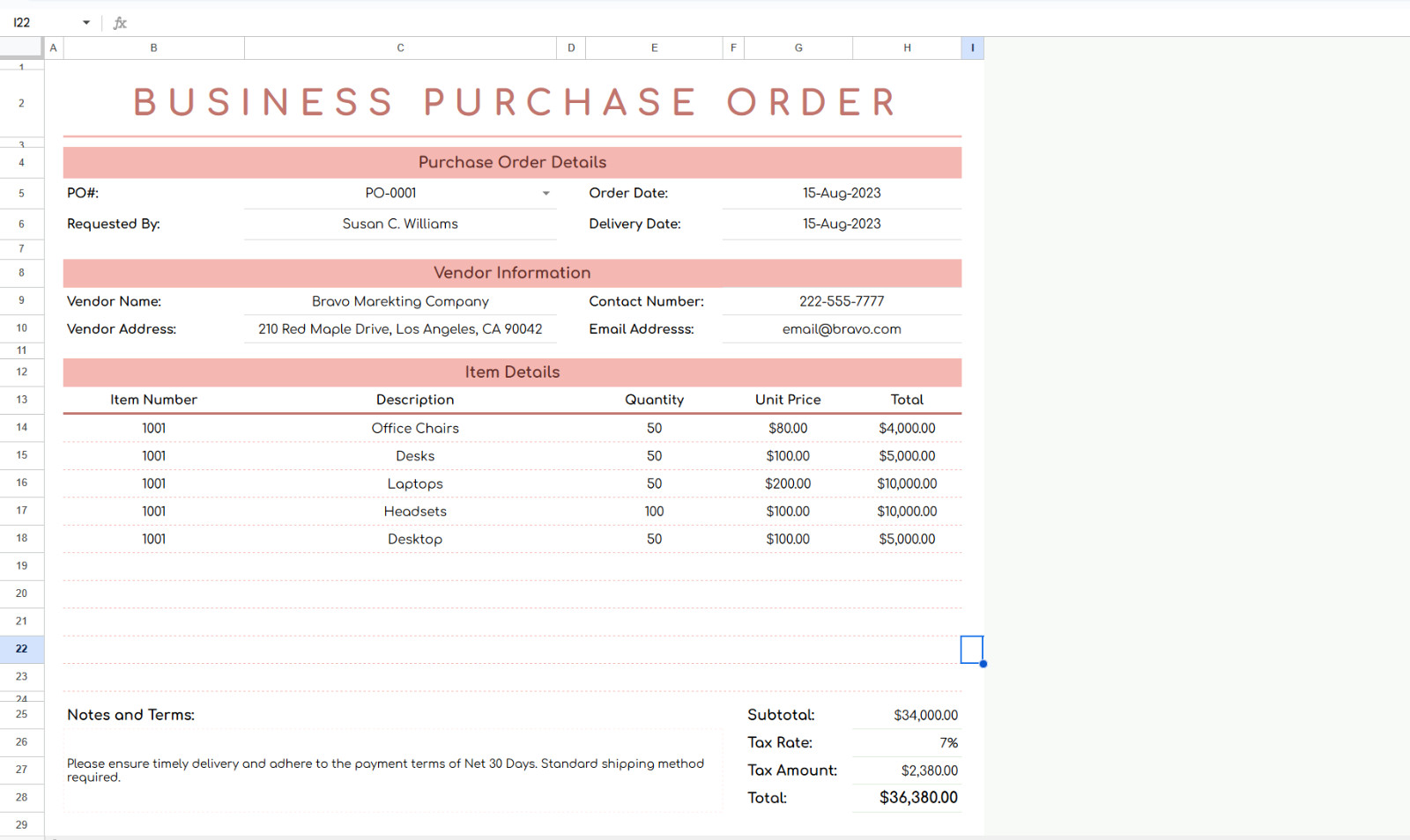 Business Purchase Order Template Excel/Google Sheets