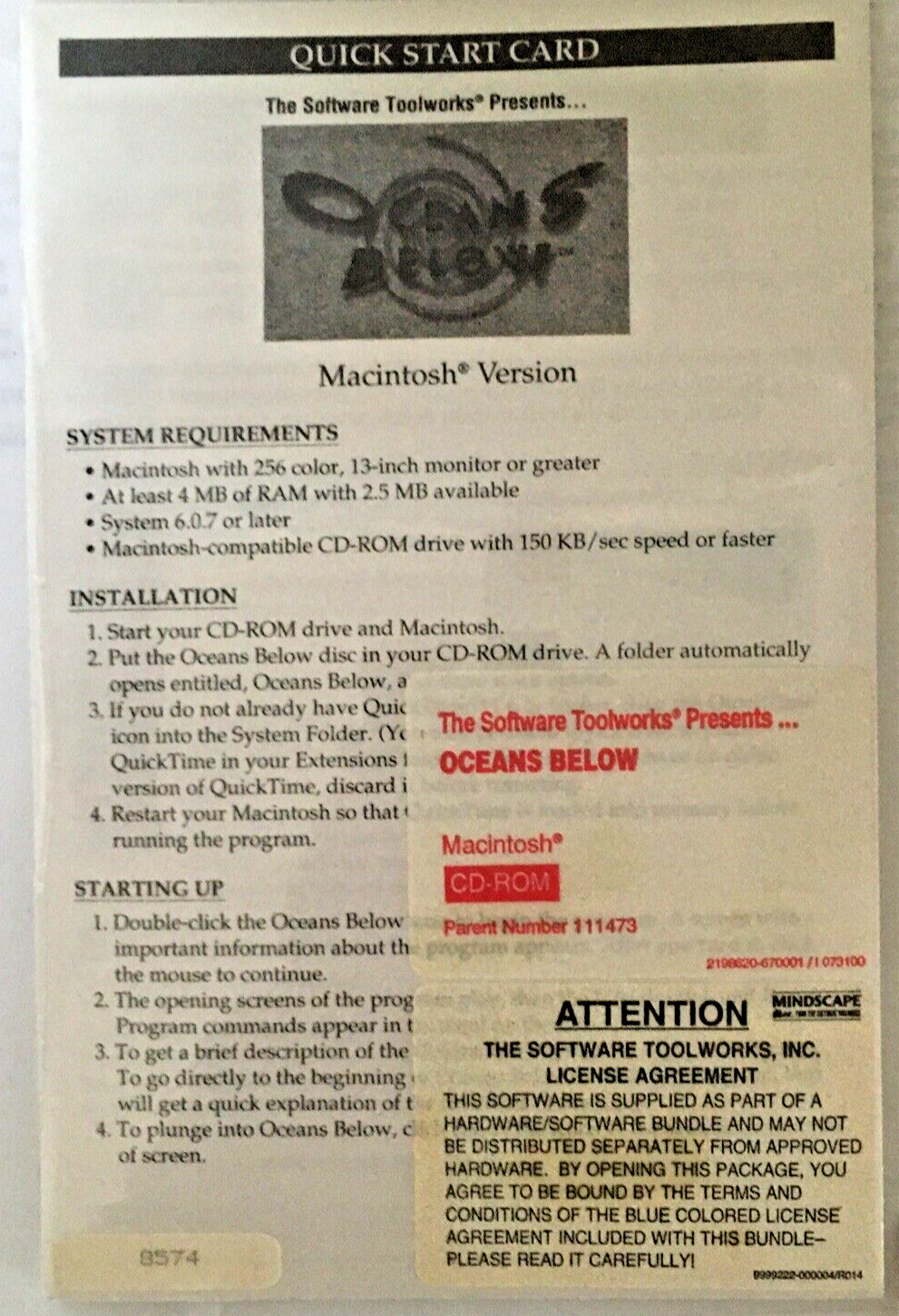 Ocean’s Below for Vintage Macintosh Computers CD-ROM Software Toolworks NIB