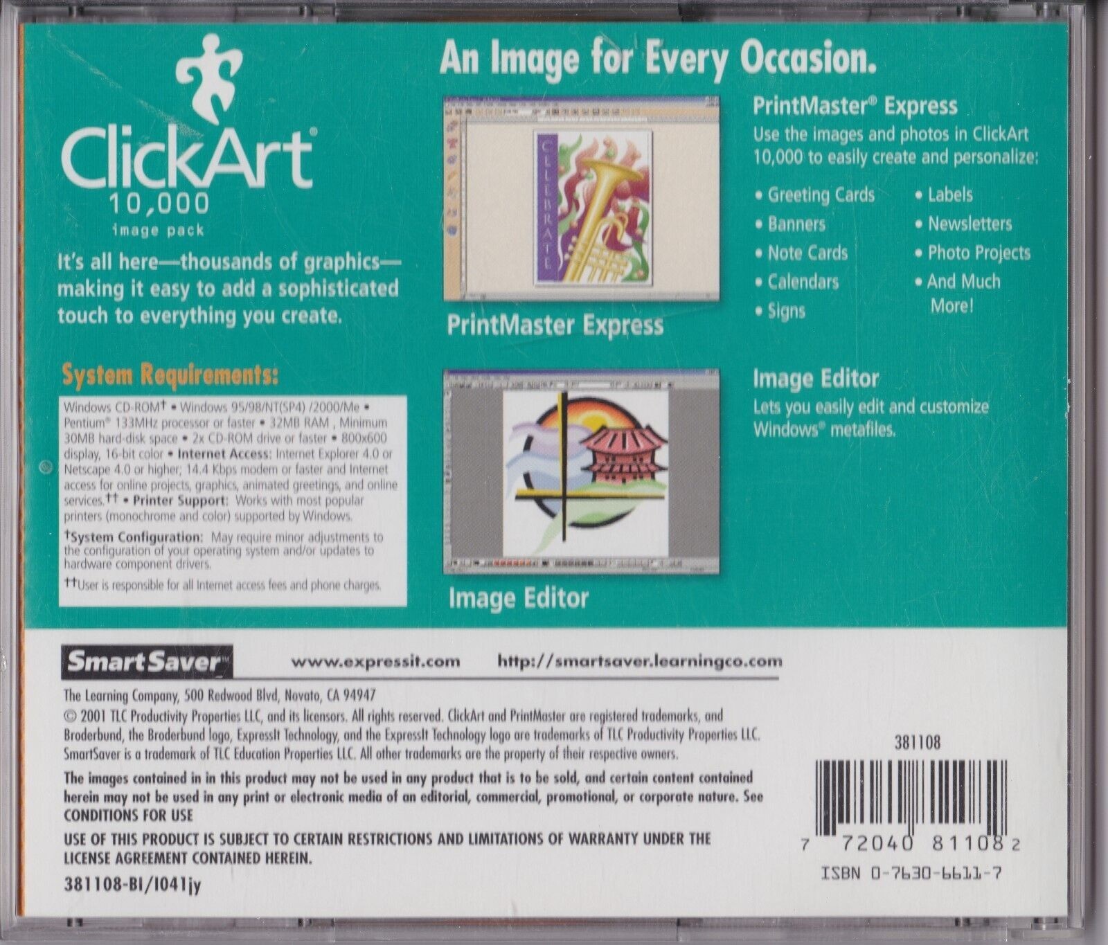 Click Art 10,000 Smart Saver – Broderbund – 2001 PC Windows – AOL PC ROM