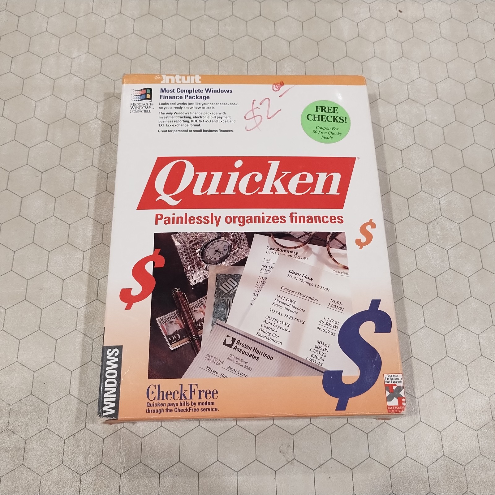 Intuit Quicken 1.01, DOS/Windows, 3.5″ floppy disks, 1992, Tandy