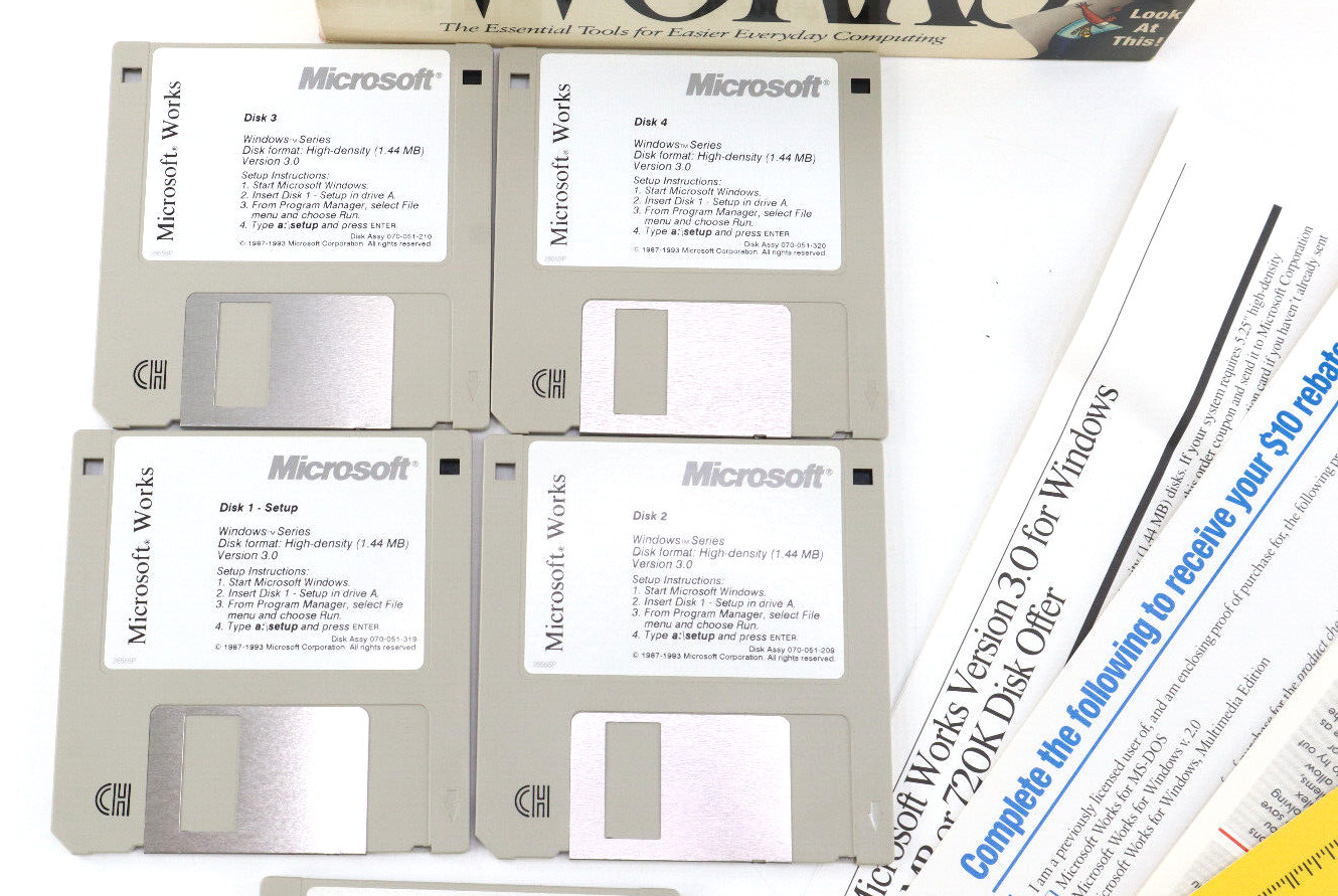 Microsoft Works 3.0 For MS-DOS and Windows 3.1 Vintage 3.5” Disks
