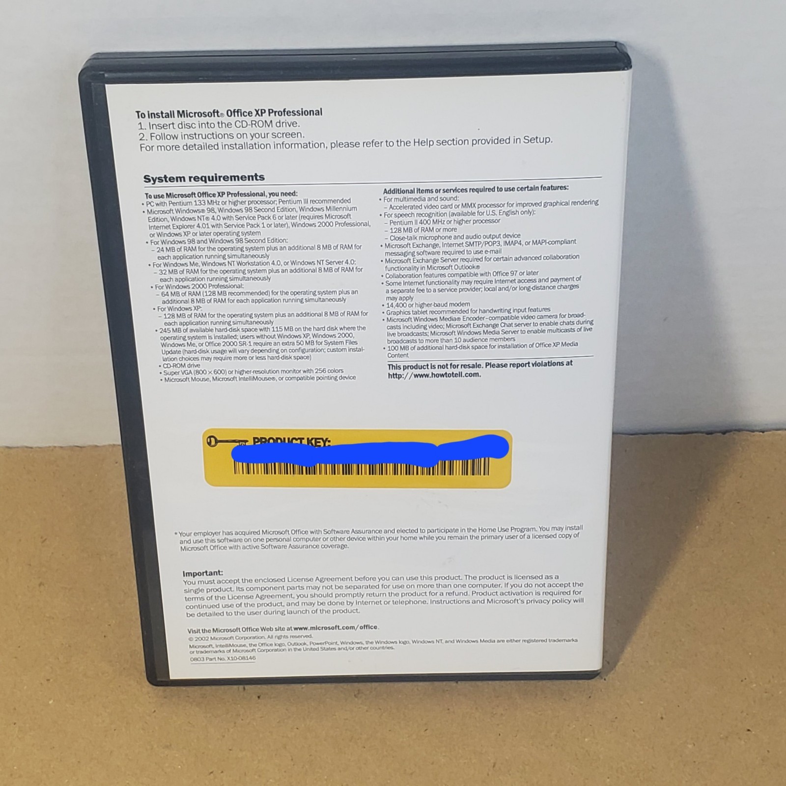 MICROSOFT OFFICE XP Professional Pro1 Home Use License 2002 Version W/PROD CODE