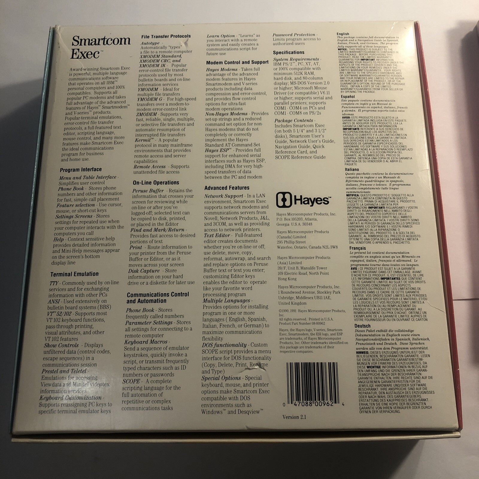 Very Rare – Hayes Smartcom Exec Multiple Language Communication Software 1991