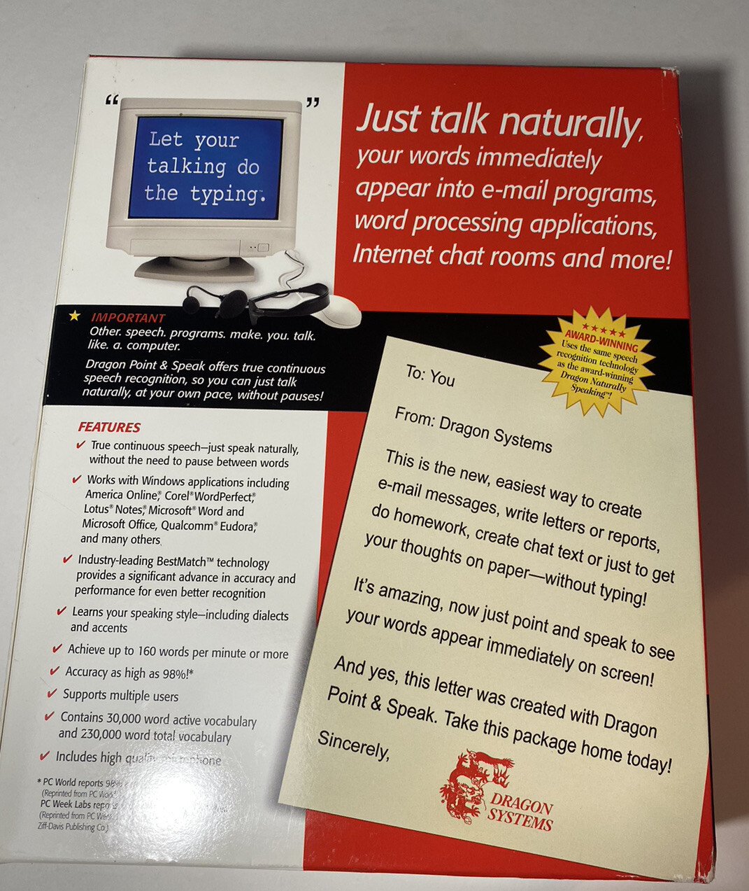 NIB Sealed Dragon Point & Speak 3.0 Windows 98 And 95 Includes Microphone