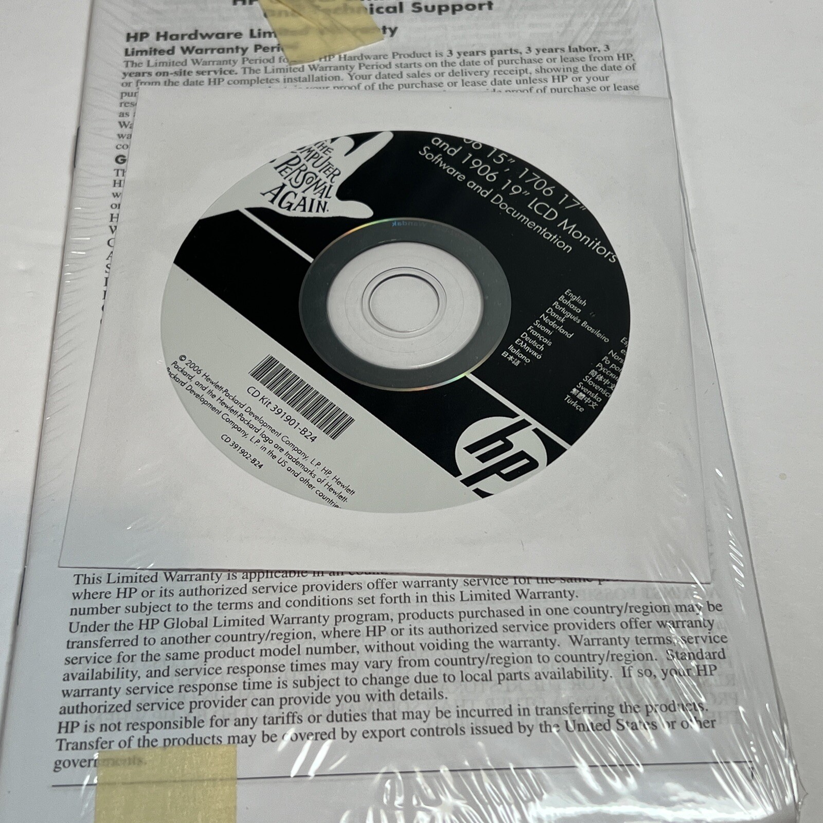 Hewlett-Packard Monitor Limited Warranty And Support Guide & CD Kit439956-B26