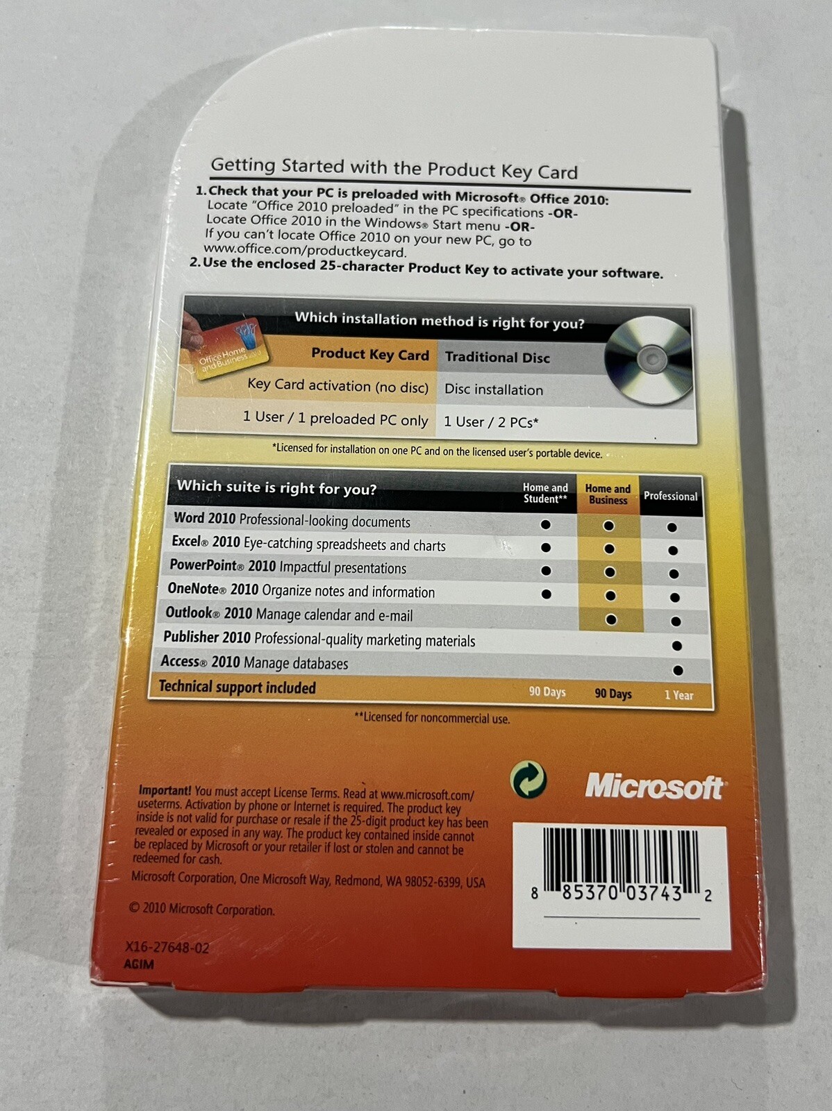 Genuine MS Microsoft Office 2010 Home and Business Product Key Card (PKC)