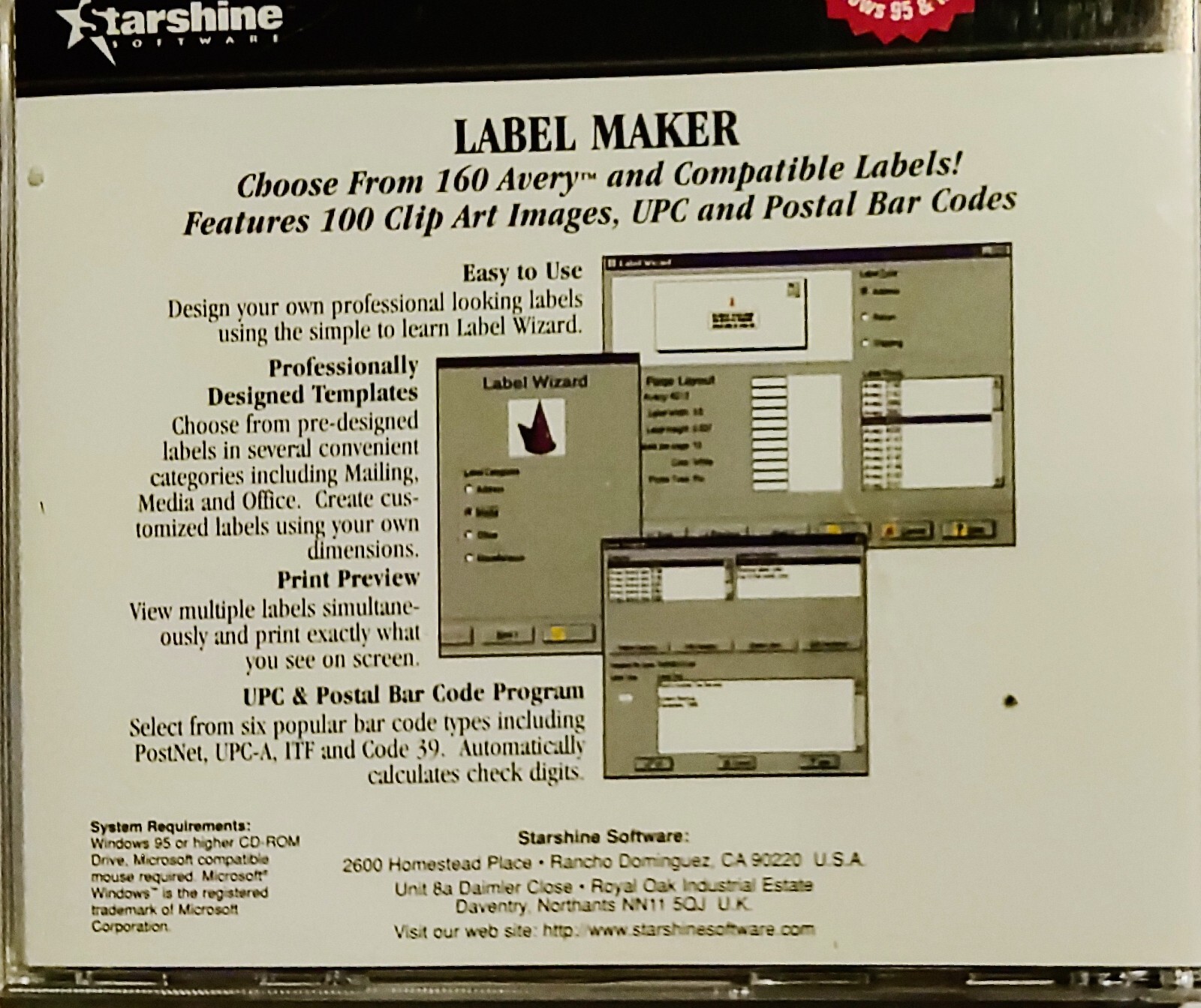 Starshine Software Label Maker & Brochure Magic CD-ROM LikeNew