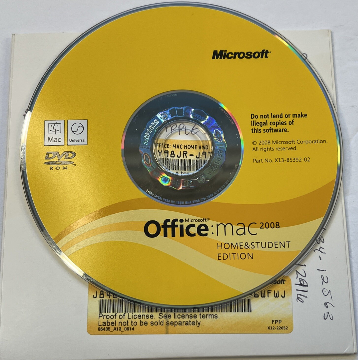 Microsoft Office Mac 2008 Home and Student (Mac, 2008) disc only- key included