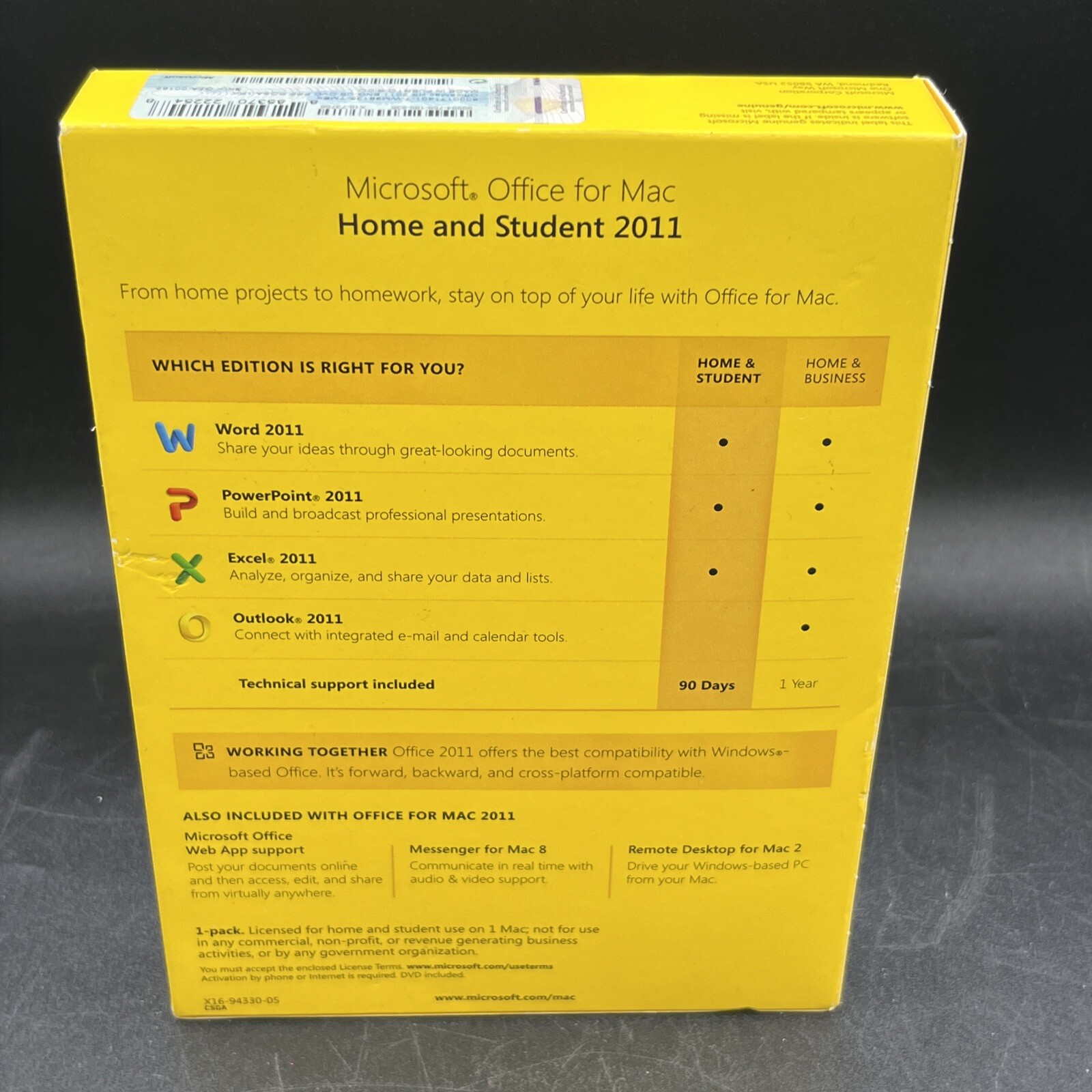 MS Microsoft Office MAC 2011 Home and Student Box W/ product key Used