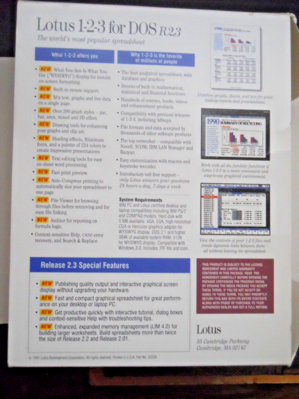 Lotus 1-2-3 for DOS 2.3 Upgrade 3.5″ diskettes, manuals