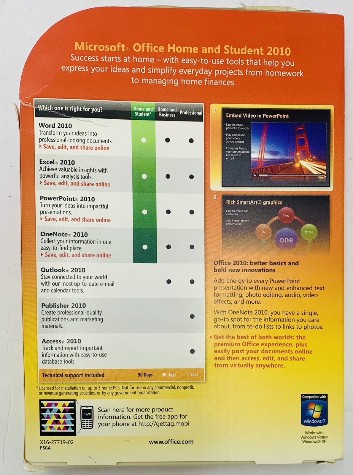 Microsoft Office 2010 Home and Student Family Pack Licensed For 3PCs=RETAIL BOX=
