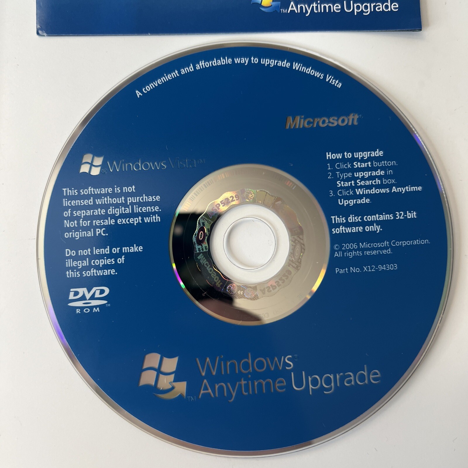 Windows Vista Anytime Upgrade Disc 32 bit English Microsoft Software