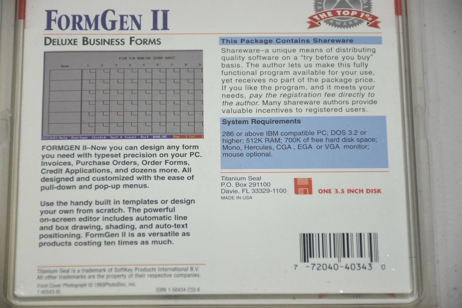 Vintage SoftKey FormGen II Deluxe Business Forms Software 3.5” IBM (22-462)