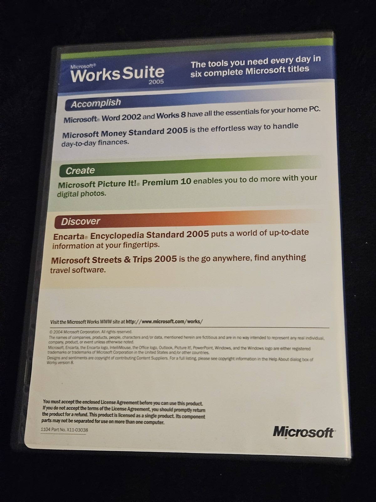 Microsoft Works Suite 2005 CD-ROM –Win 98 / 2000 / XP –No Scratches – W/Product