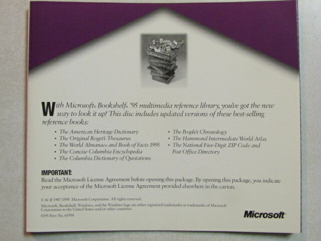 MICROSOFT BOOKSHELF ’95 MULTIMEDIA REFERENCE LIBRARY 086-052-022-0195/PT.# 62007