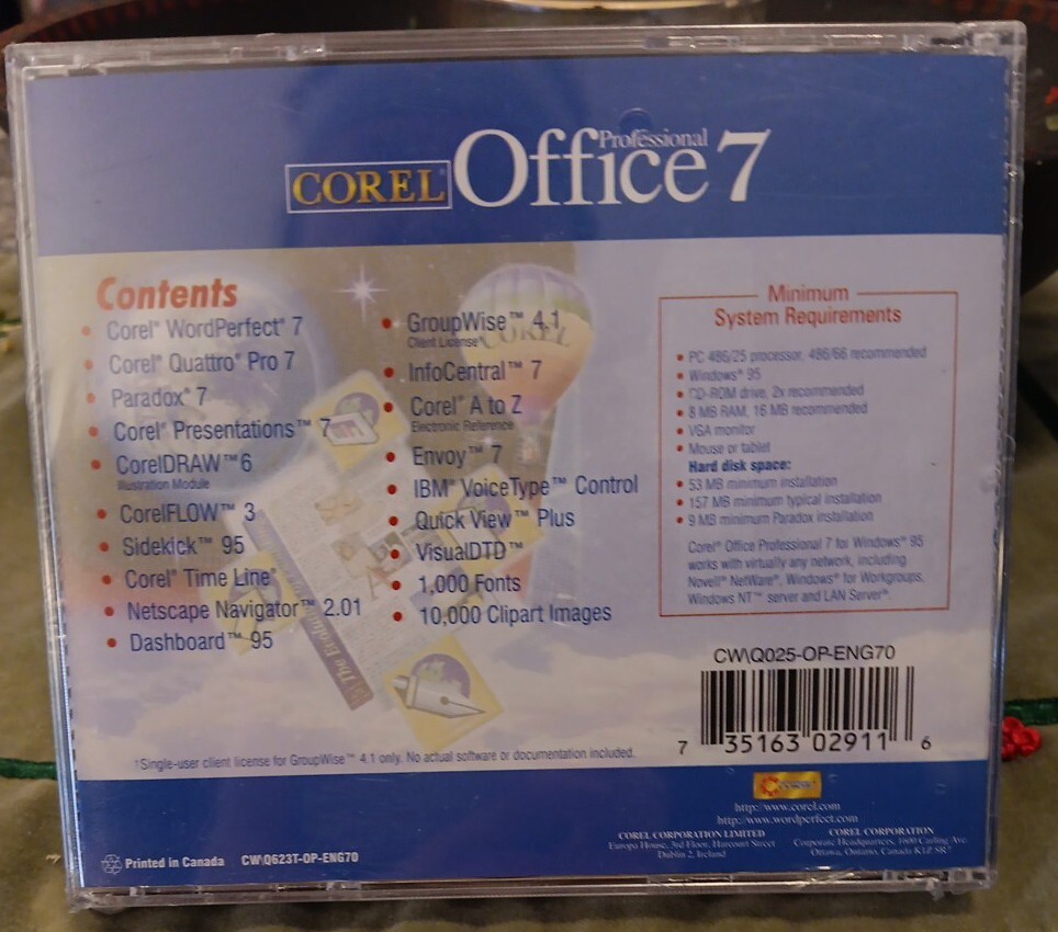 Corel Office 7 Professional No Box But Sealed Vintage 1996