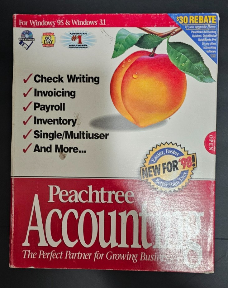 Peachtree Accounting 98 Complete Big Box Windows 95 3.1 PC Software Manuals Disk