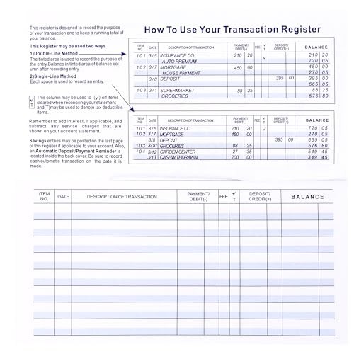 Pack Checkbook Register, Check Register Books for 12 Mainstream Register