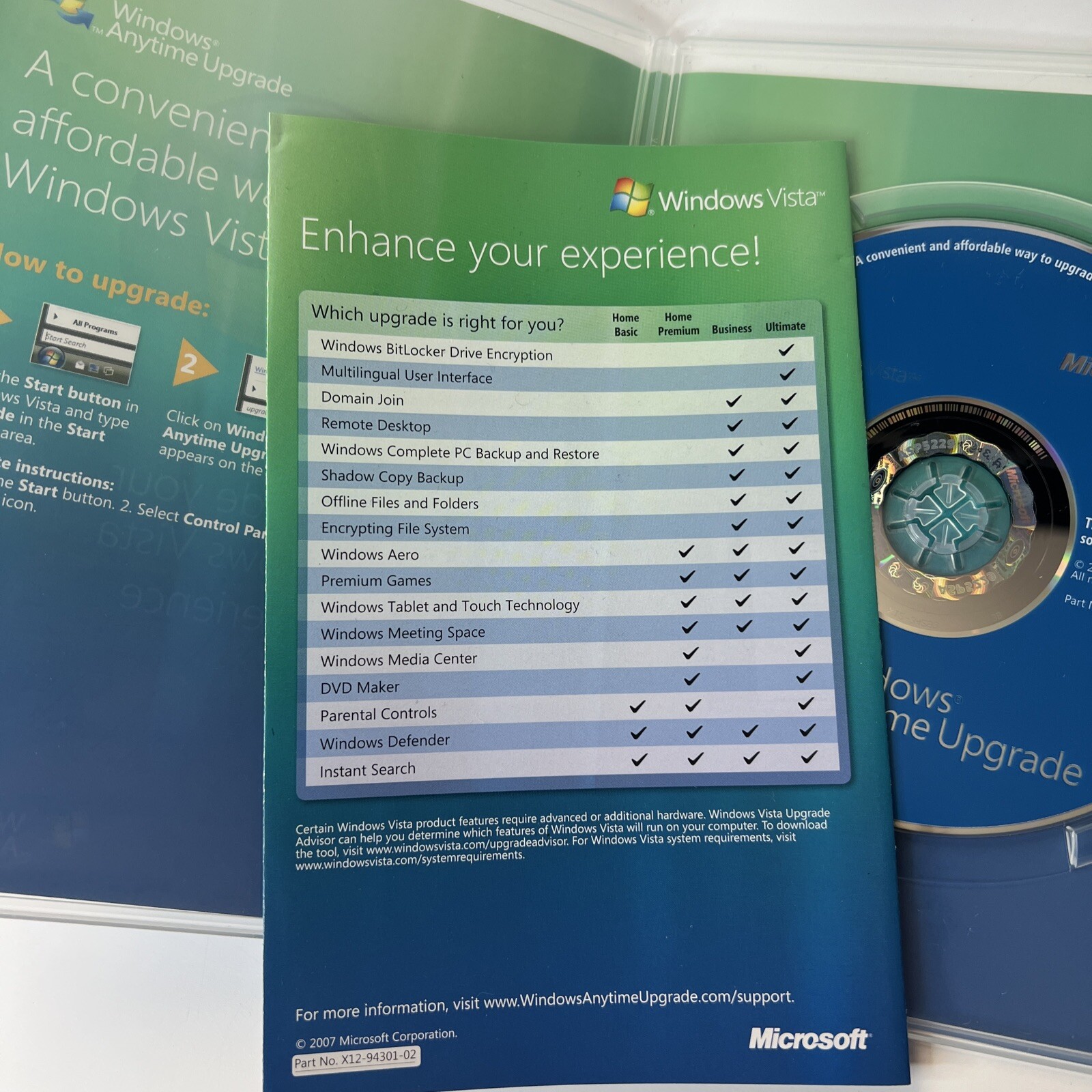 Windows Vista Anytime Upgrade Disc 32 bit English Microsoft Software