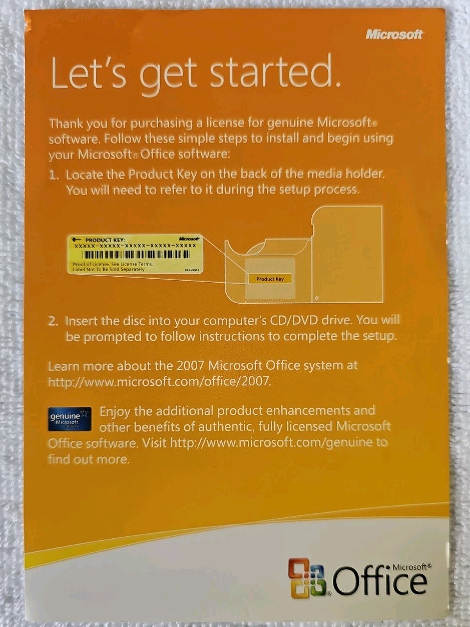 Microsoft Office Professional 2007 With Work 9 Unused Open Case.