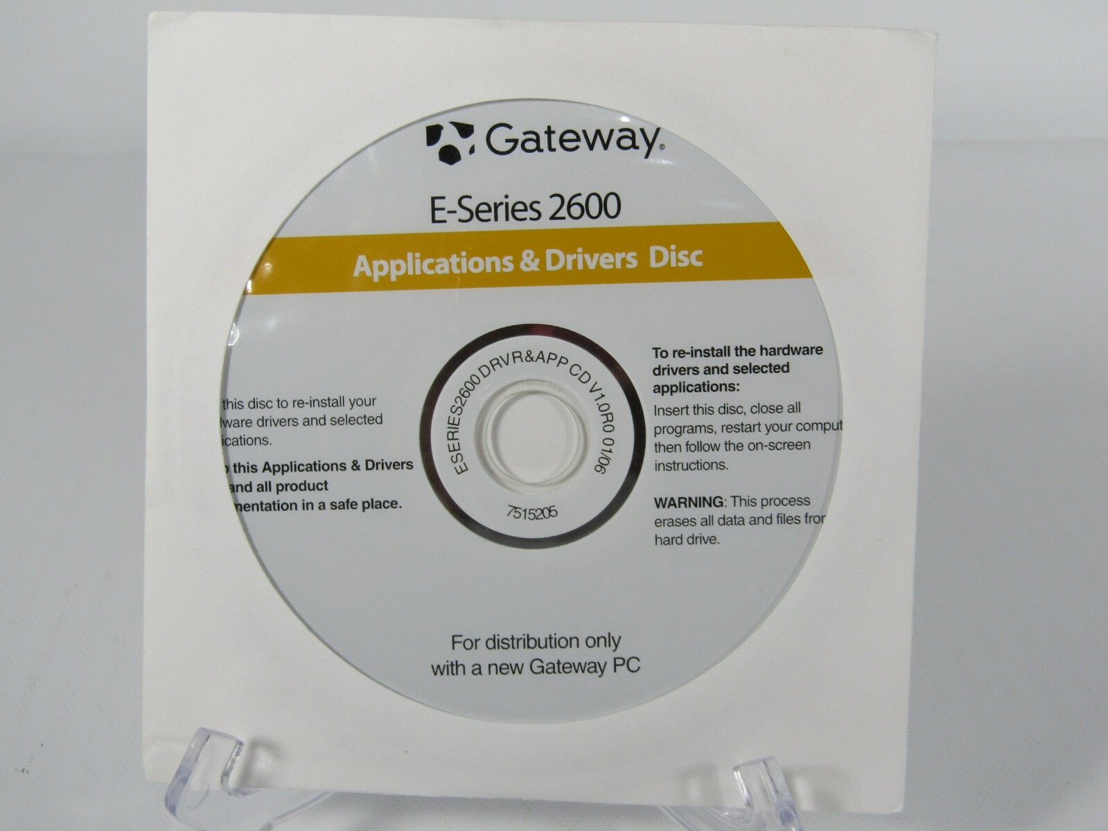 Gateway E-Series 2600 Application & Drivers Disc