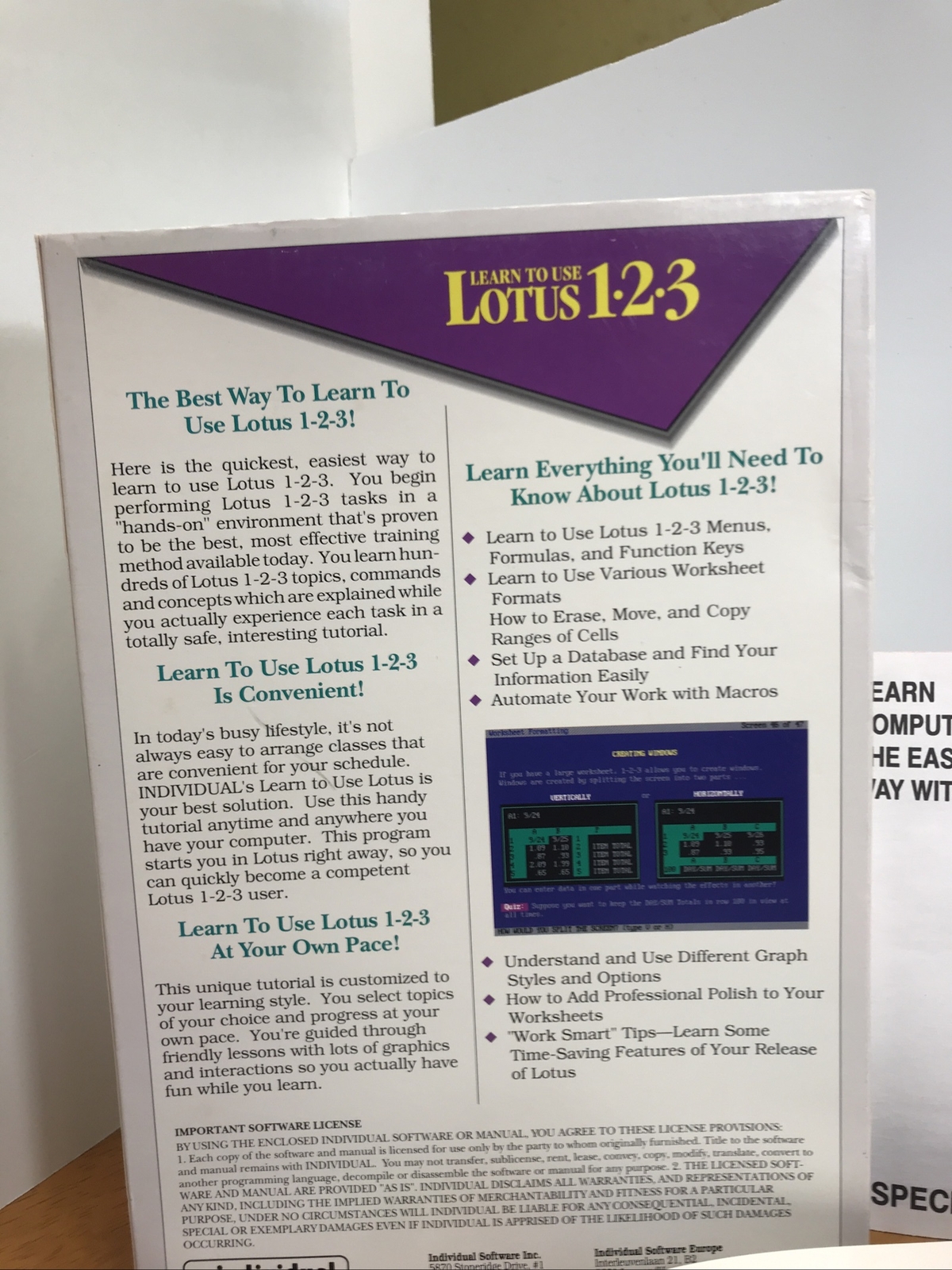 **Vintage LEARN TO USE LOTUS 1-2-3 INDIVIDUAL SOFTWARE TUTOR RETAIL PACKAGE