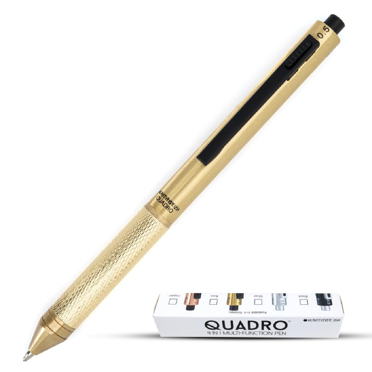 Monteverde Usa Quadro 4-In-1 Multifunction Pen – Brass Finish – Three Ballpoint