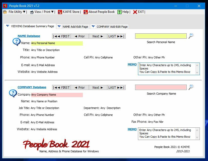 People Book 2021 Software Name, Address & Phone Database for Windows by KJ4IYE