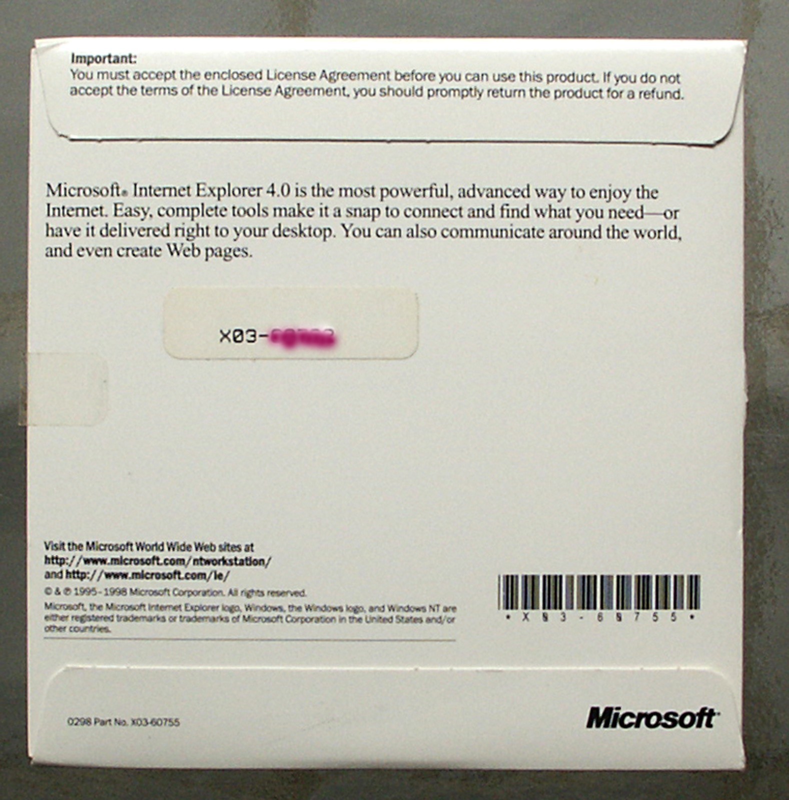 Rare Blue Microsoft Internet Explorer 4.01 CD For Windows 95/NT CD, product key