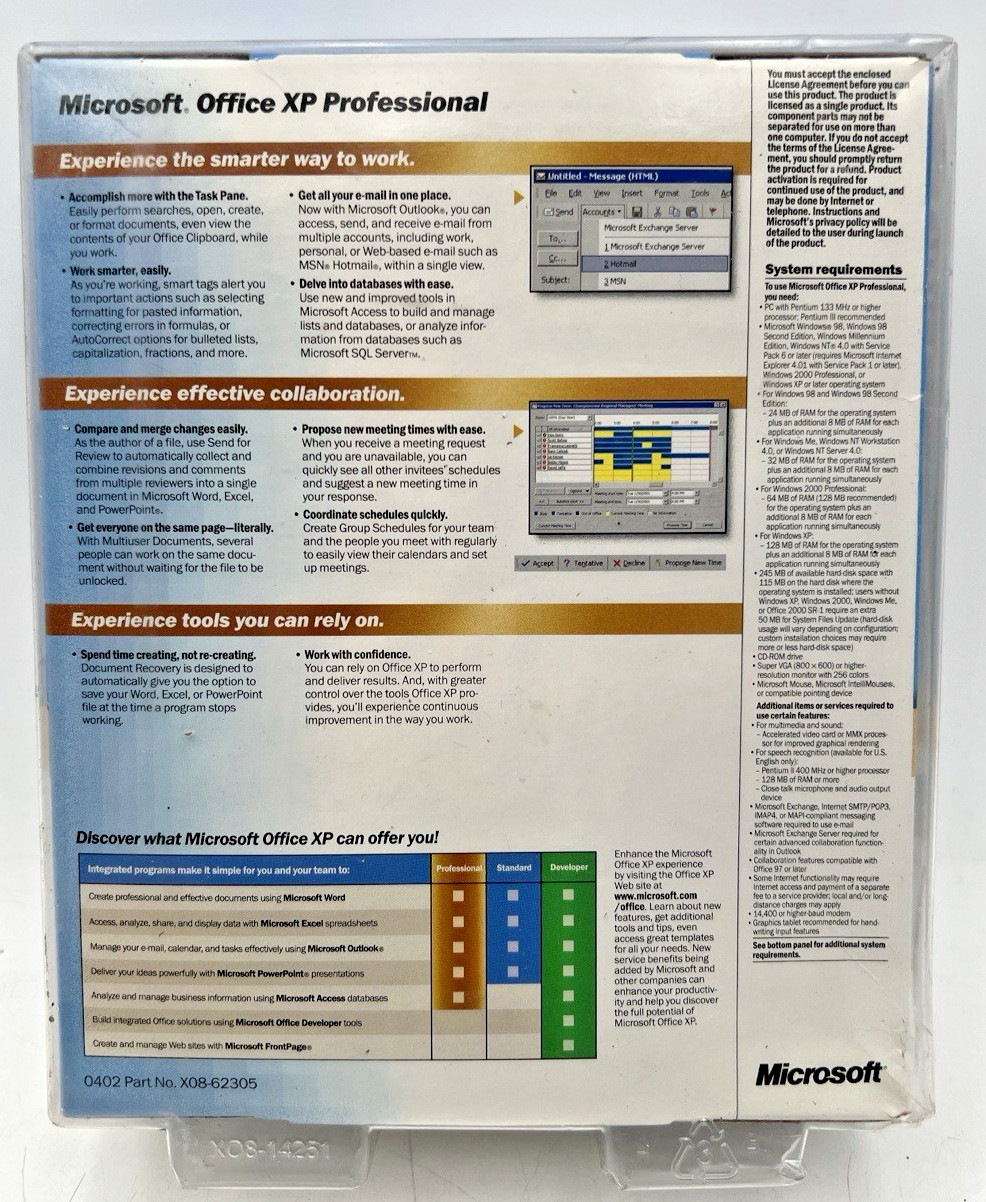 MICROSOFT OFFICE XP PROFESSIONAL CD VERSION 2002 SEALED CLAMSHELL PACKAGING