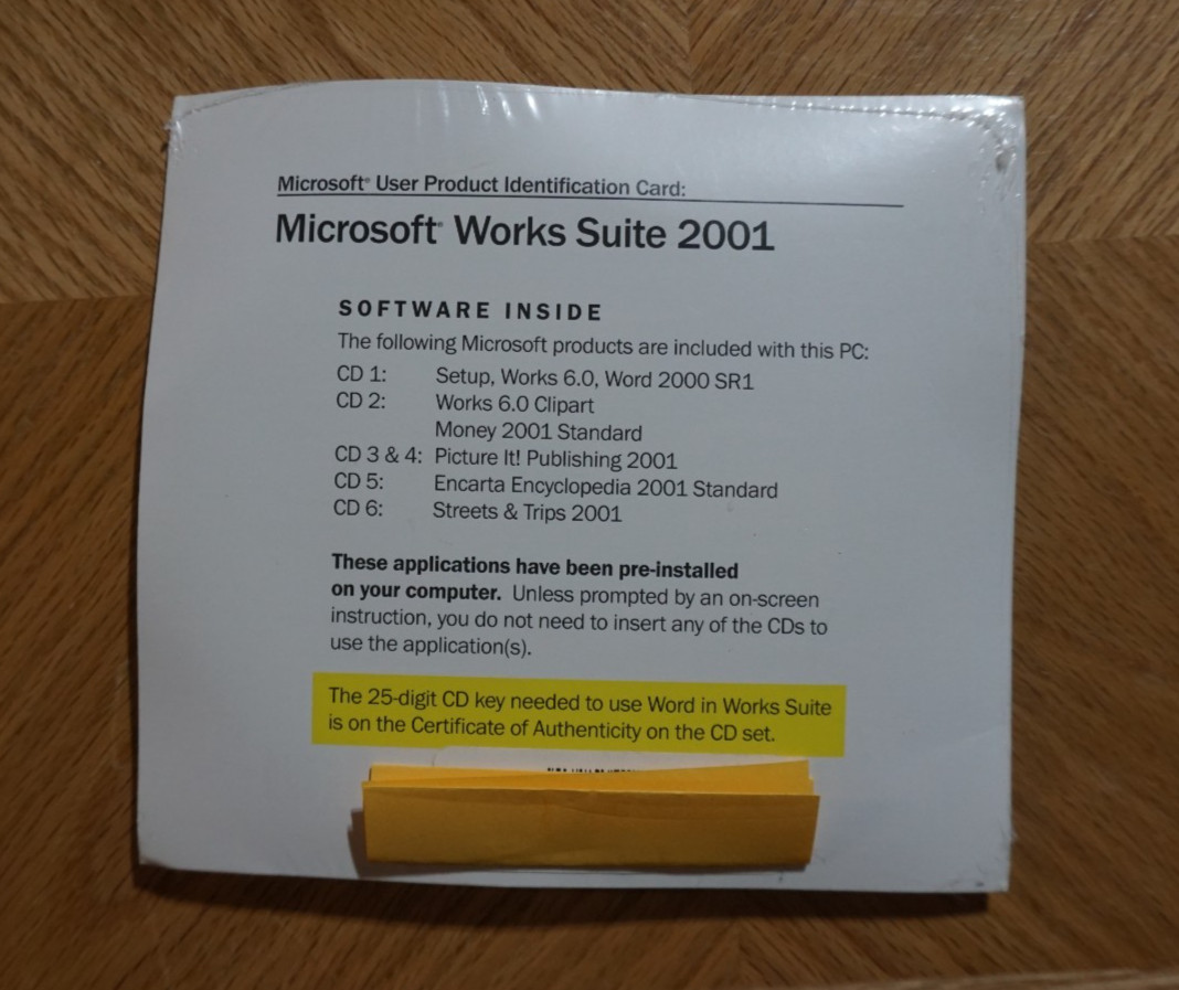 Microsoft Works Suite 2001 PC Complete 6 CD Set Discs Sealed Never Opened w/Key