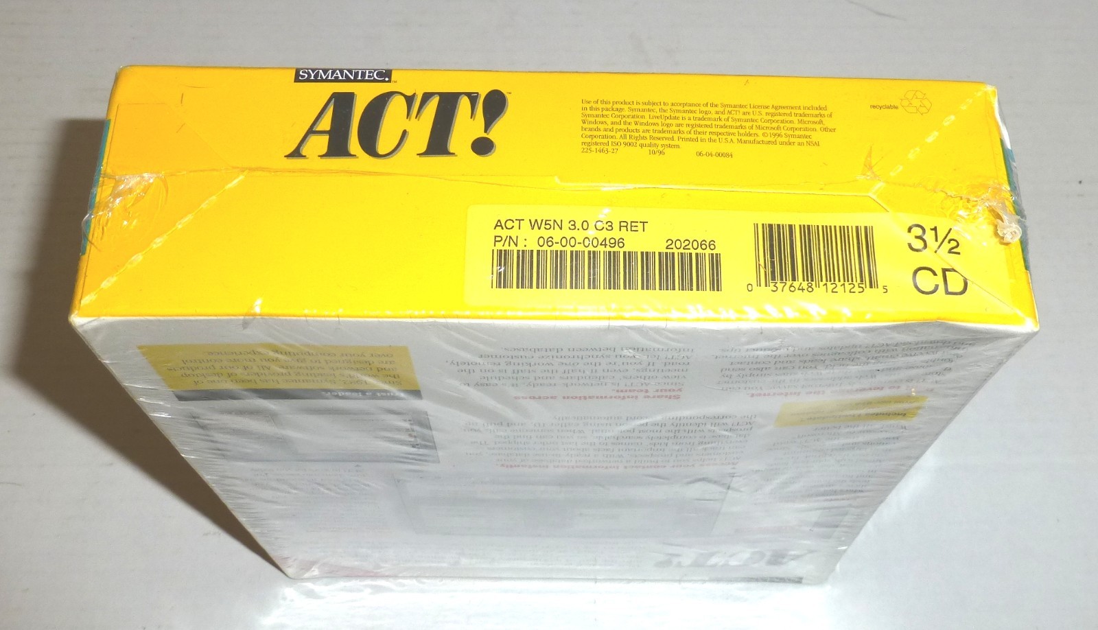Vintage Symantec ACT! Version 3.0 For Windows NT, 95 3.5″ Floppy & CD NEW,Sealed