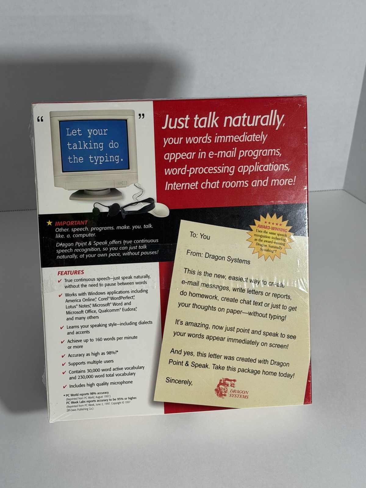 Dragon Point & Speak Speech Recognition Software, 1997 (NEW, SEALED)
