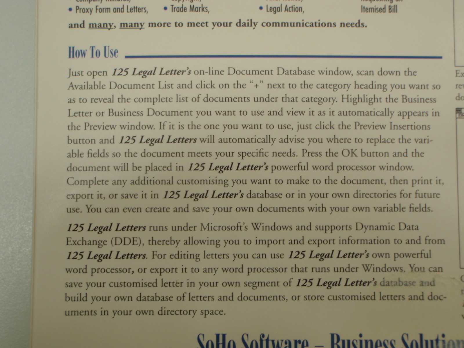 SOHO 125 LEGAL LETTERS AND AGREEMENTS NEW