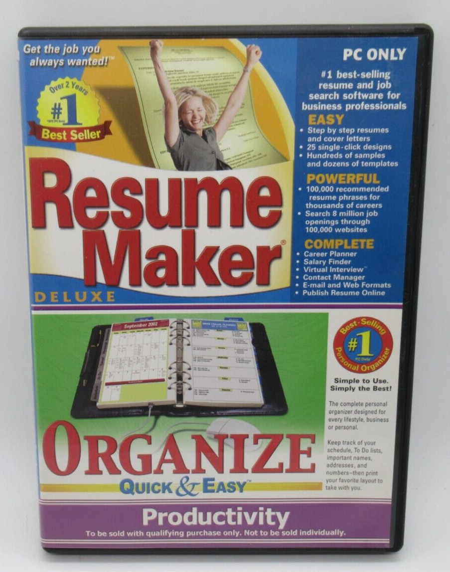 RESUME MAKER DLX & ORGANIZE-QUICK & EASY PRODUCTIVITY 2-DISC PC CD-ROM SOFT. SET