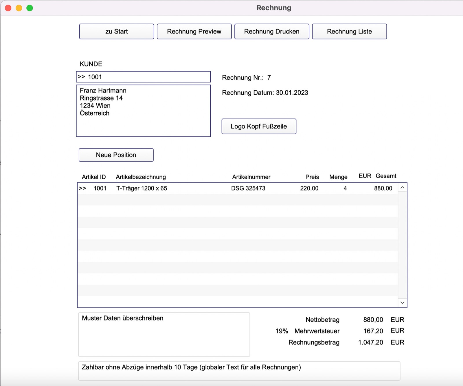 Rechnungsprogramm Rechnung schreiben Rechnungssoftware simpel Minimalist Eingabe