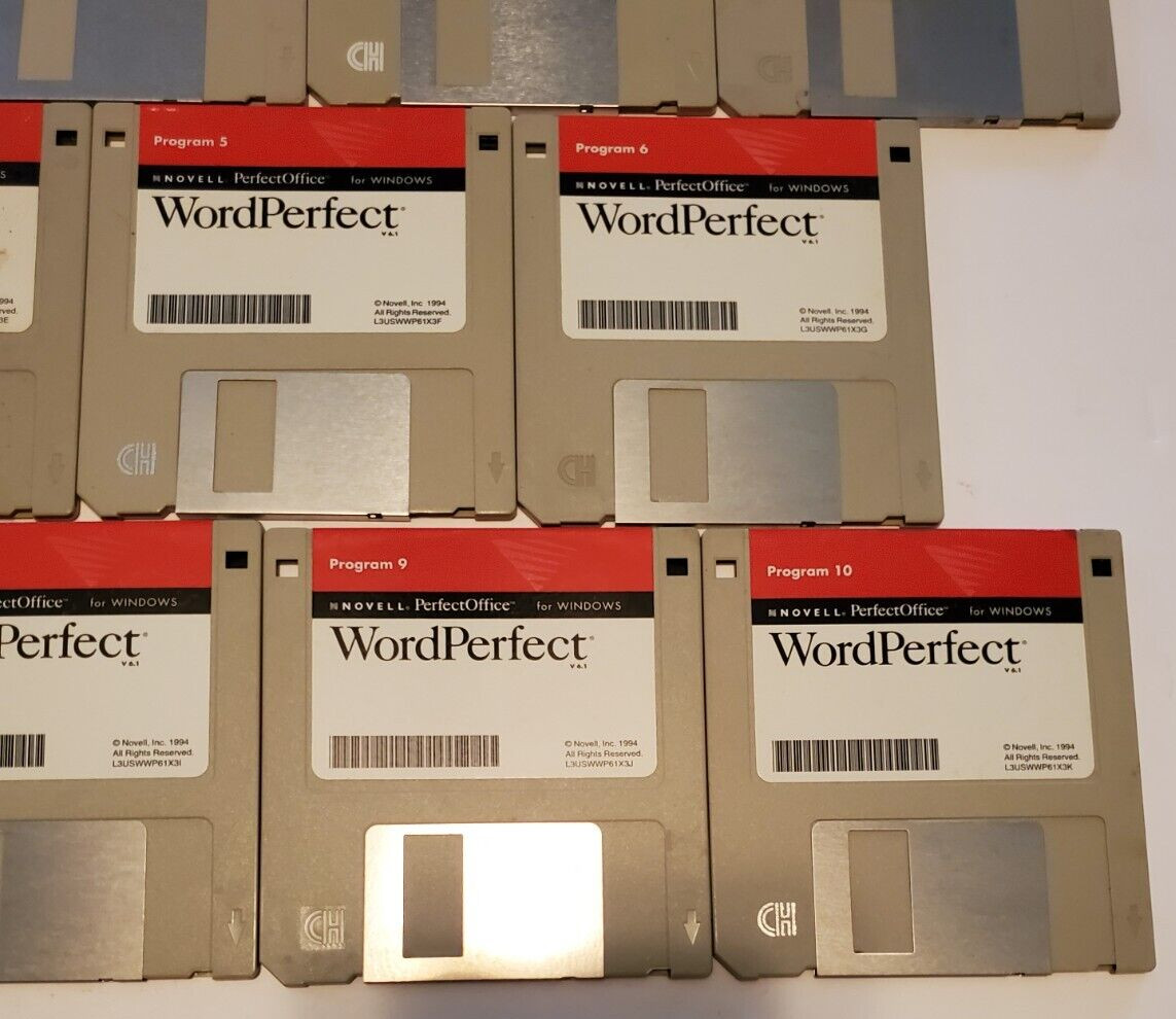 Novell WordPerfect for Windows lot of 11 – 3.5″ HD Diskettes – 1994