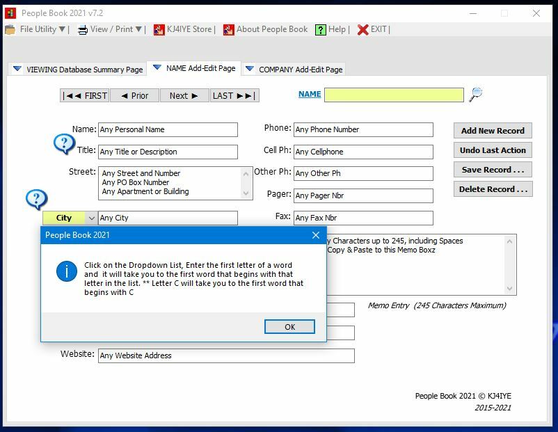 People Book 2021 Software Name, Address & Phone Database for Windows by KJ4IYE