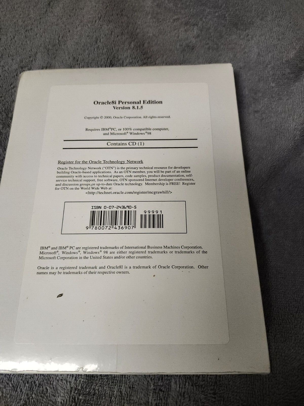 ORACLE8i PERSONAL EDITION VERSION 8.1.5 NEW SEALED ISBN 0072436905 WINDOWS 98