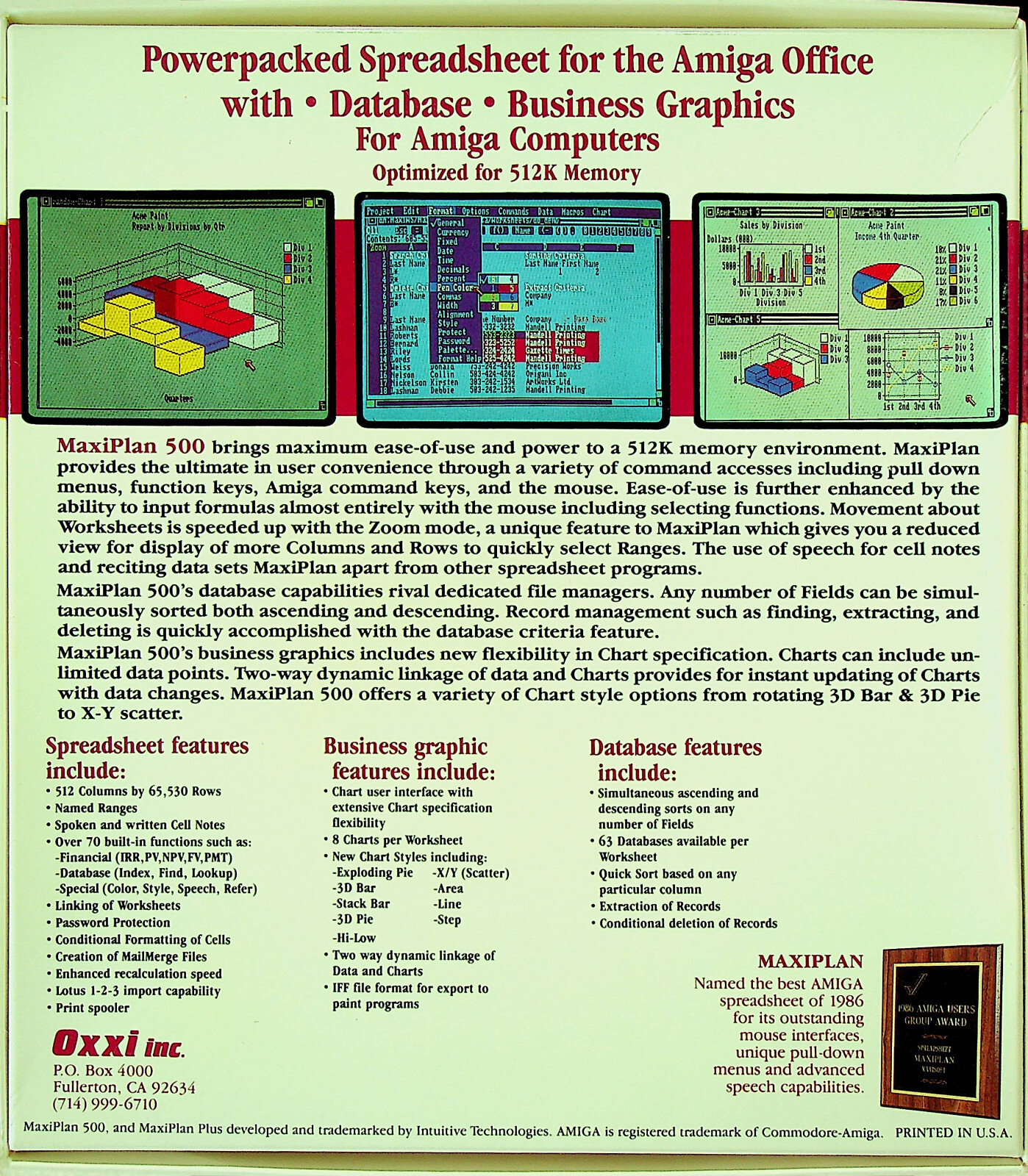 MaxiPlan 500 by Oxxi (1987) – Spreadsheet Analysis for Amiga – Open Box